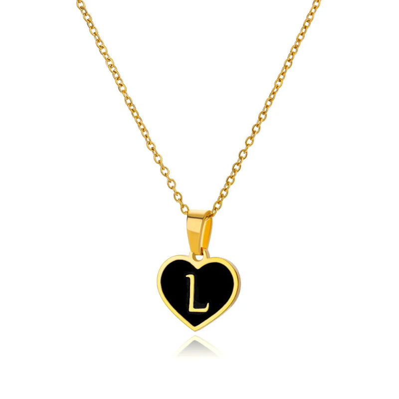 Black Enamel Heartbeat Initial Necklace