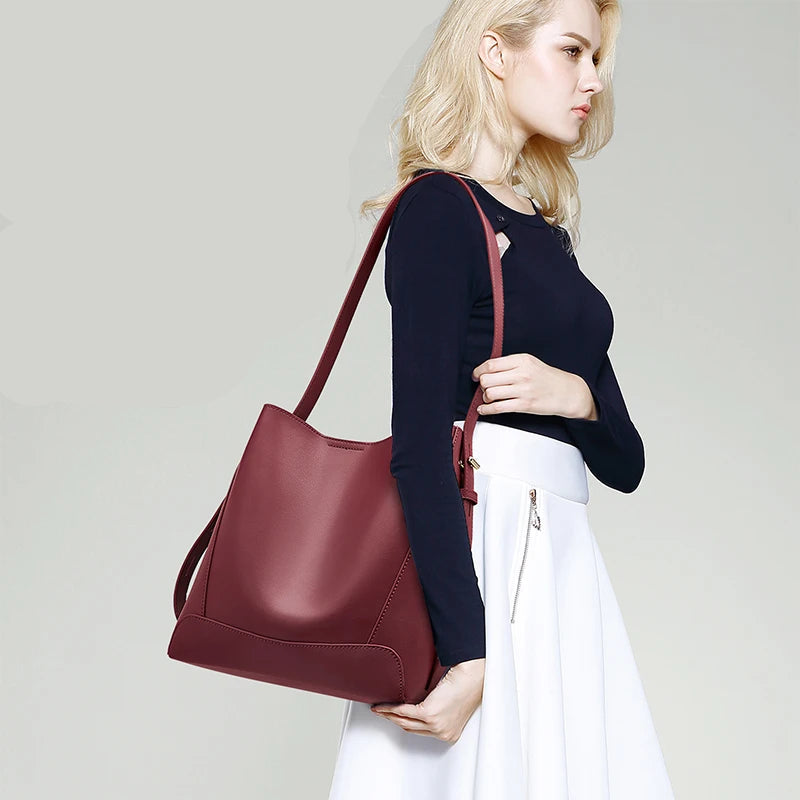 New Women Bucket Bag Shoulder Bag Split Leather Large Capacity