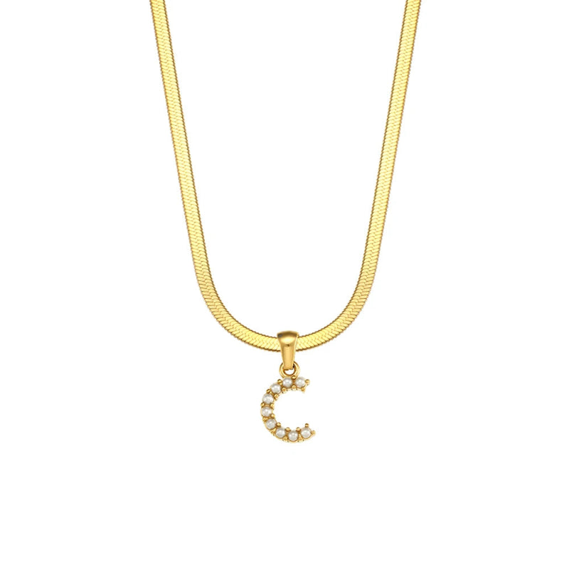 Pearl Herringbone Initial Necklace