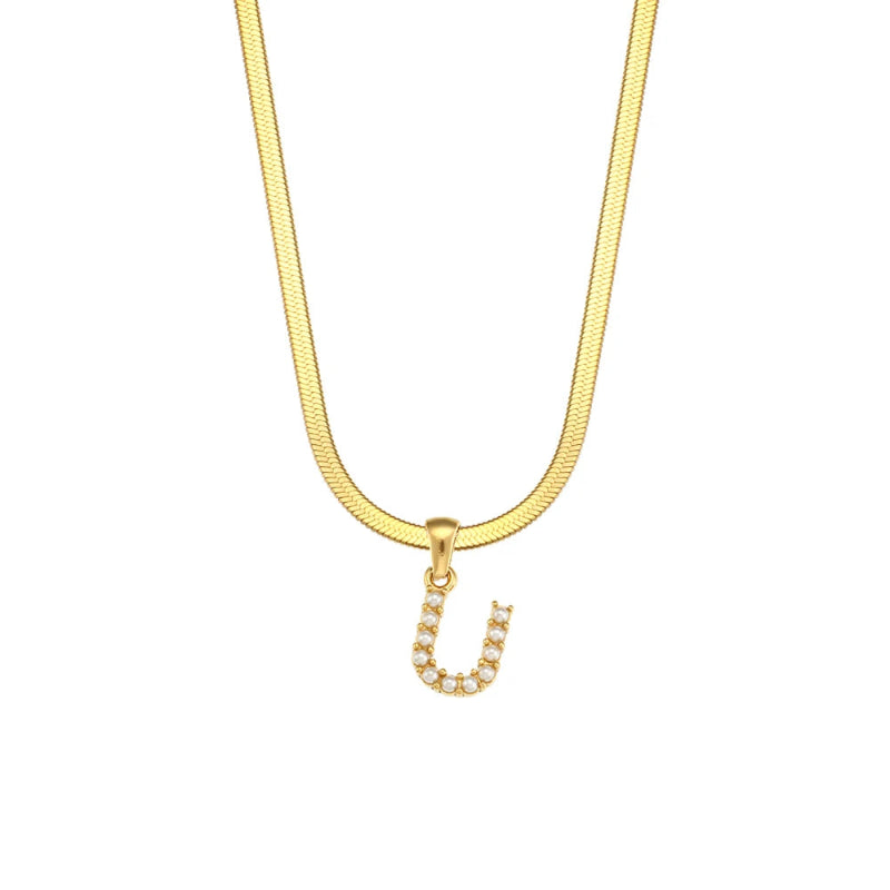 Pearl Herringbone Initial Necklace