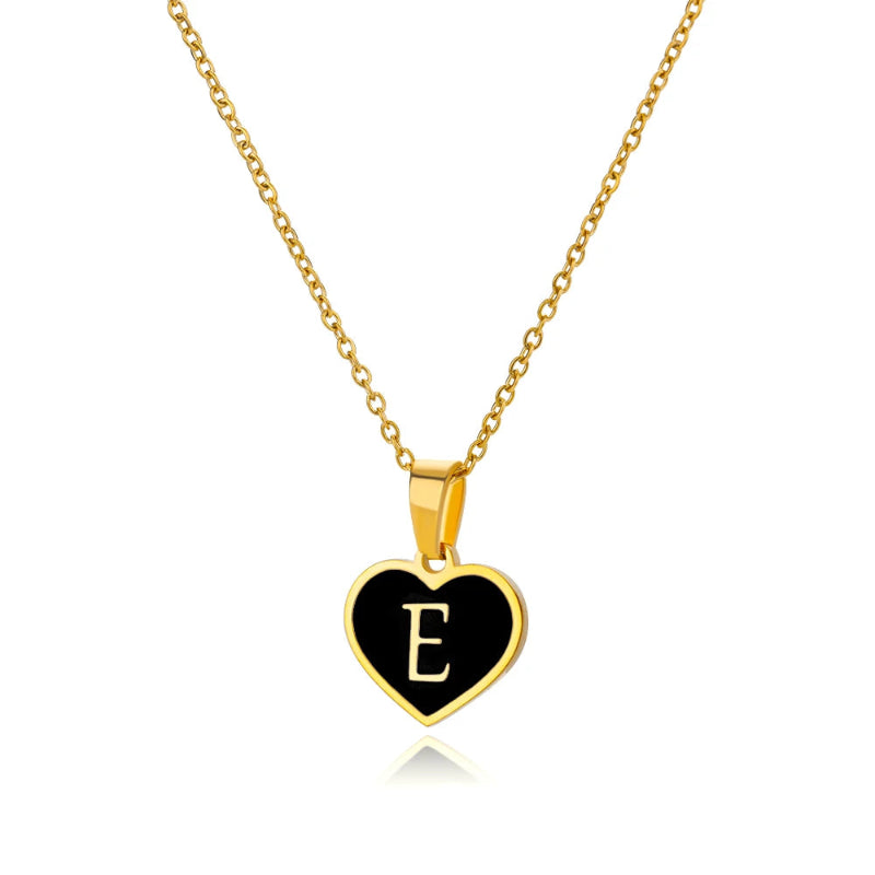 Black Enamel Heartbeat Initial Necklace