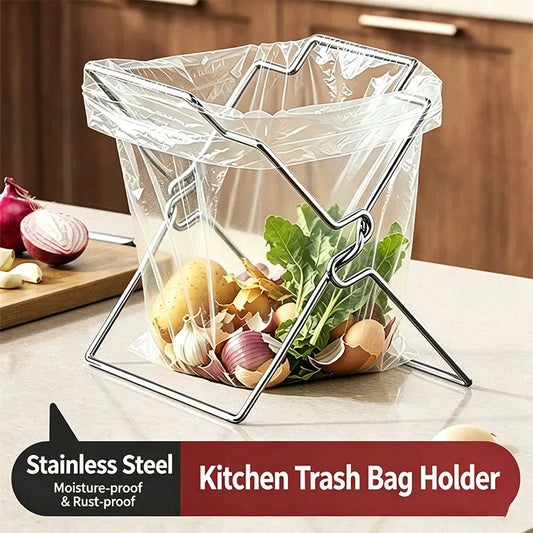 Collapsible Stainless Steel Trash Bag Holder — Foldable Kitchen Countertop Waste Bag Stand
