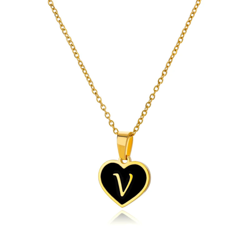 Black Enamel Heartbeat Initial Necklace
