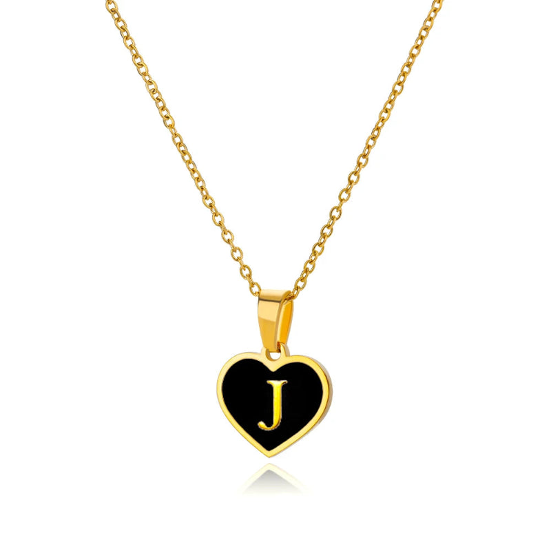 Black Enamel Heartbeat Initial Necklace