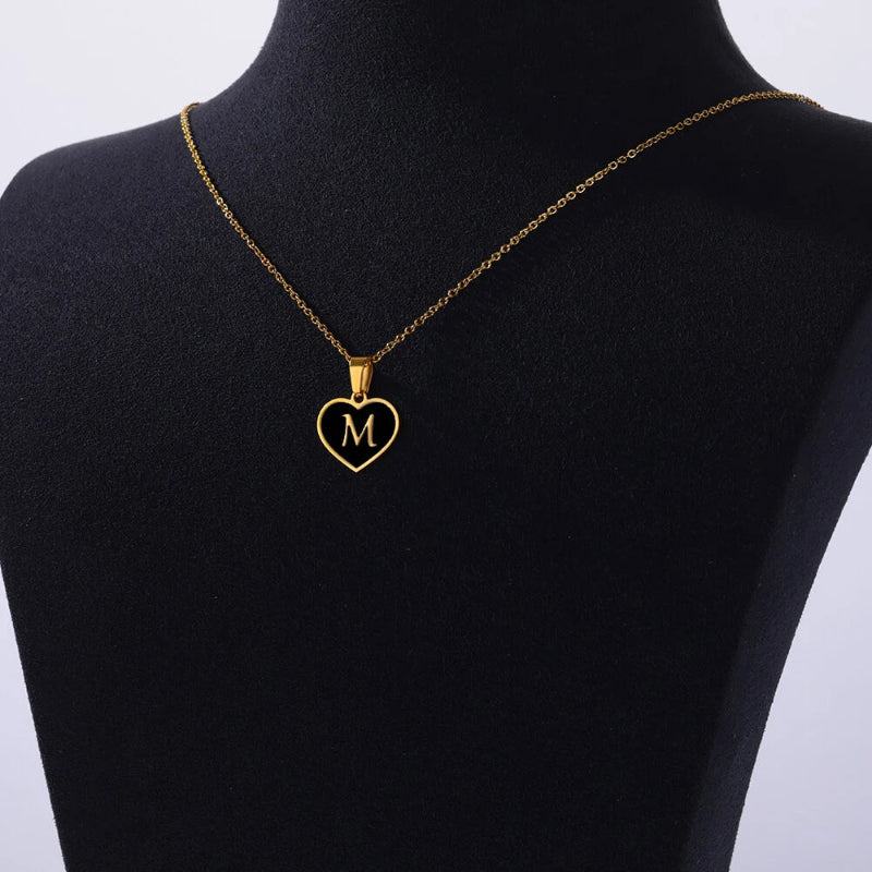 Black Enamel Heartbeat Initial Necklace