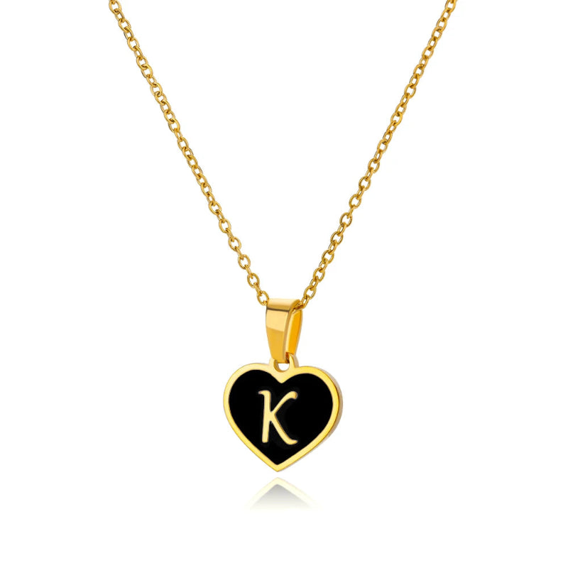 Black Enamel Heartbeat Initial Necklace