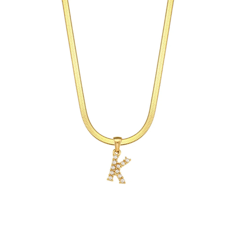 Pearl Herringbone Initial Necklace