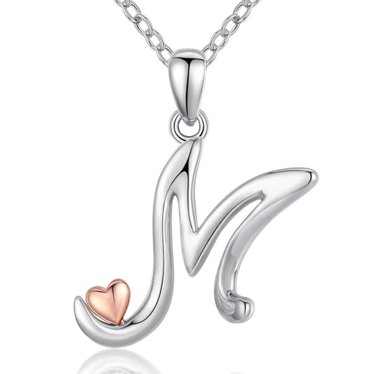 Initial M Necklace With Adorable Rose Gold Heart