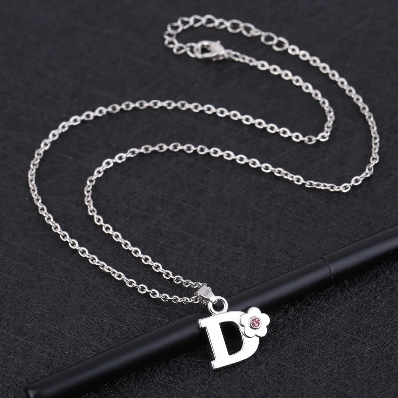 Initial Necklace With Crystal Flower