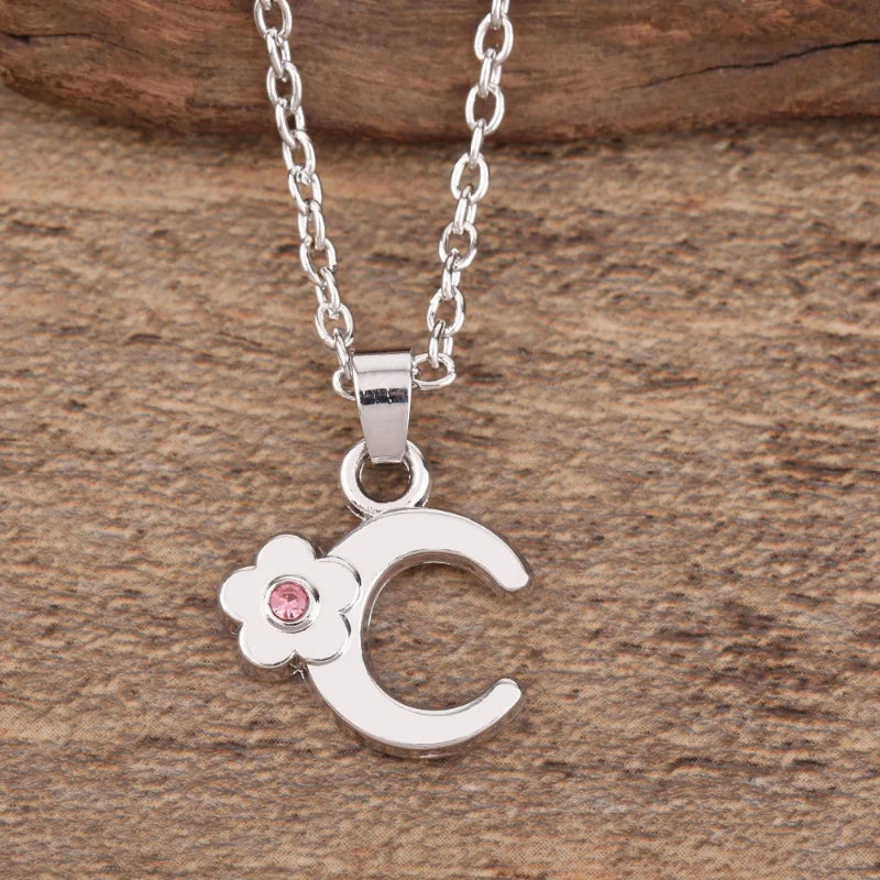 Initial Necklace With Crystal Flower