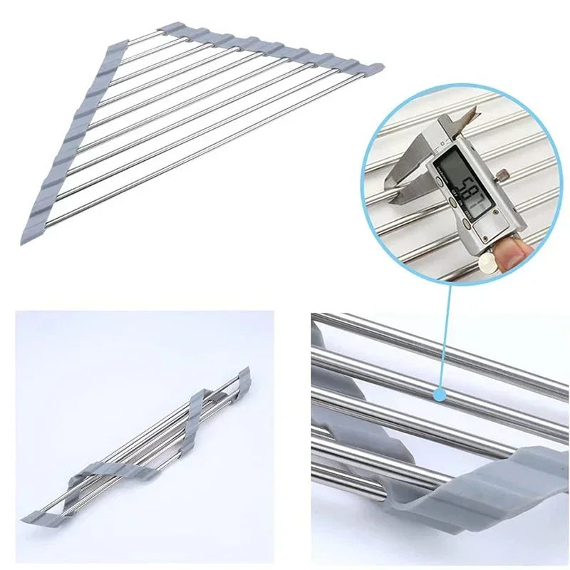 Foldable Triangle Dish Drying Rack | Corner Sink Organizer | Stainless Steel Roll-Up Drainer