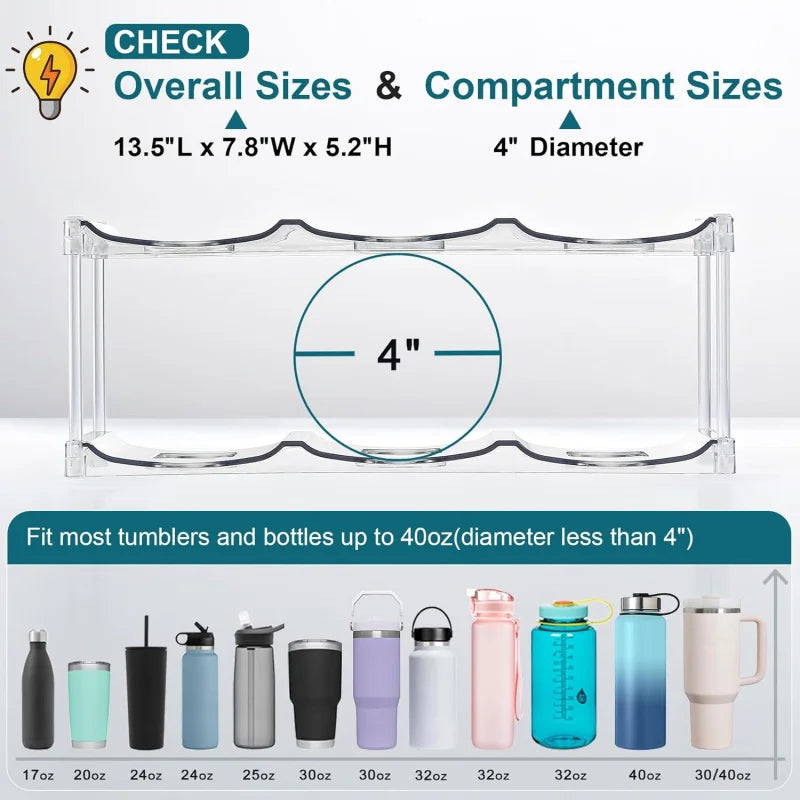 Stackable Water Bottle & Tumbler Organizer Rack — Clear, Modular, Holds Up to 40oz