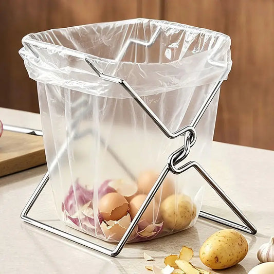 Collapsible Stainless Steel Trash Bag Holder — Foldable Kitchen Countertop Waste Bag Stand