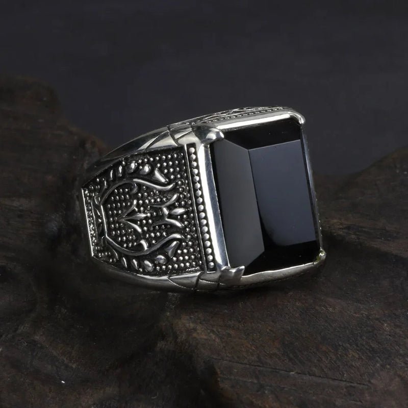 Signet Ring With Black Real Obsidian Natural Stone For Men