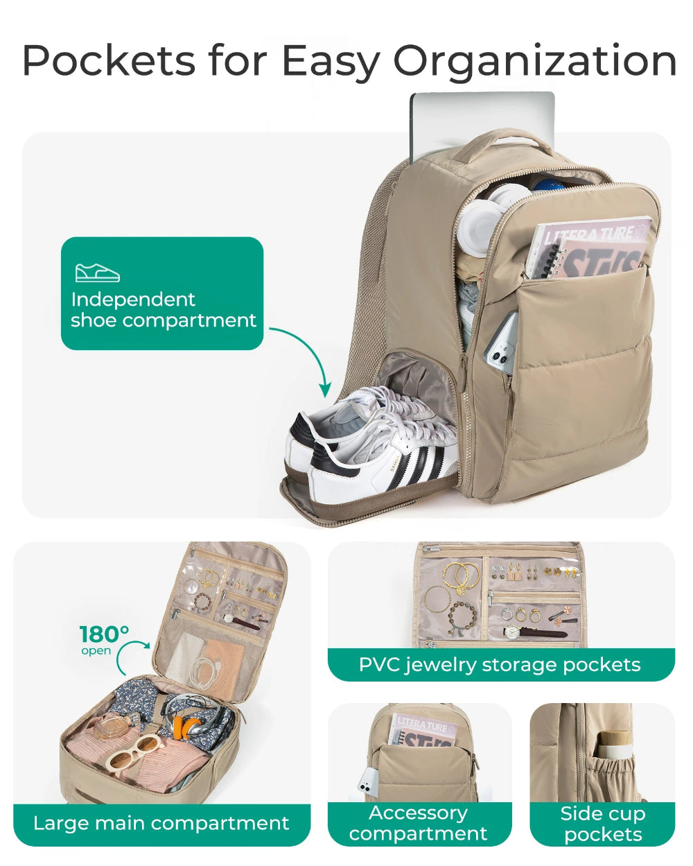 30L Women Travel Backpack Carry On with Shoe Compartment