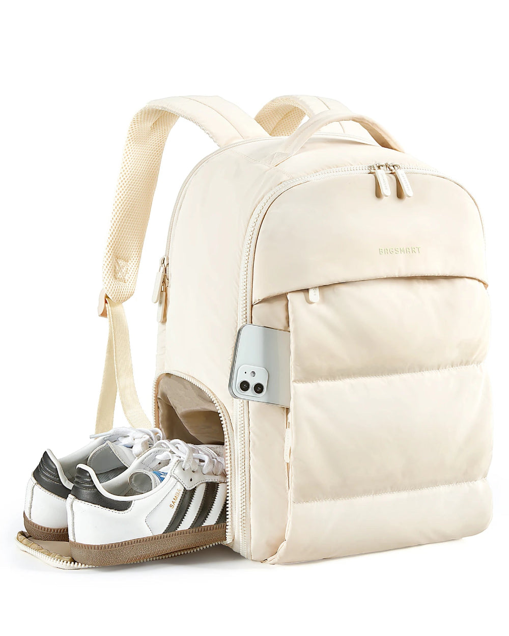 Beige backpack with a compartment for shoes on a white background
