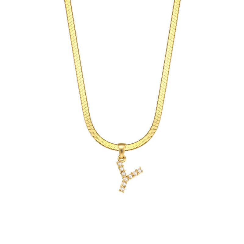 Pearl Herringbone Initial Necklace