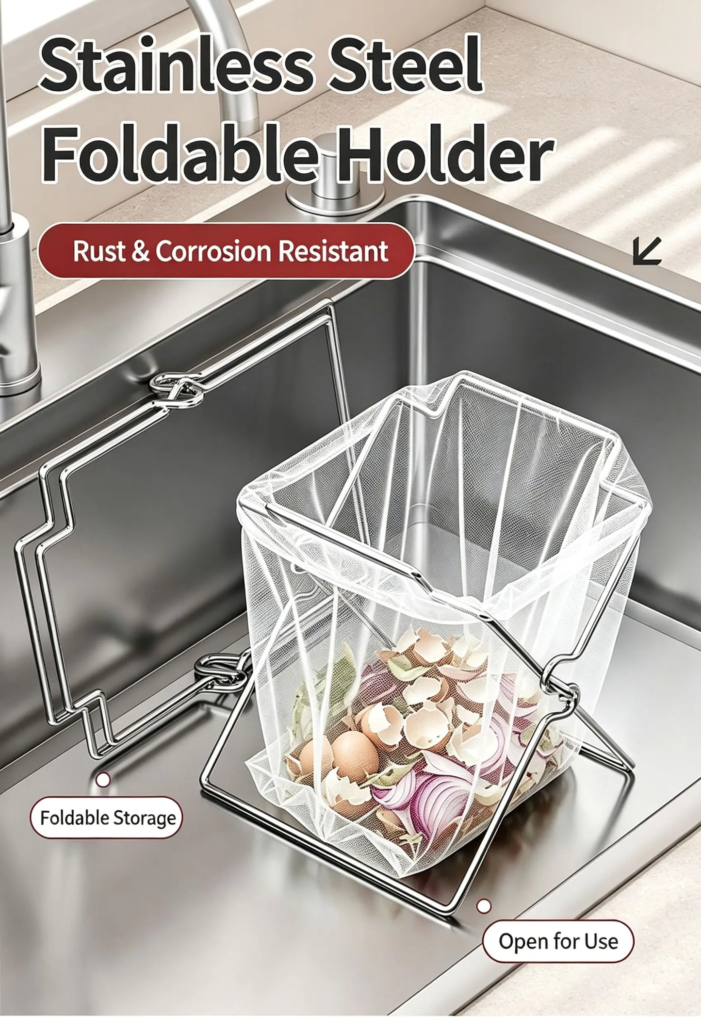 Collapsible Stainless Steel Trash Bag Holder — Foldable Kitchen Countertop Waste Bag Stand