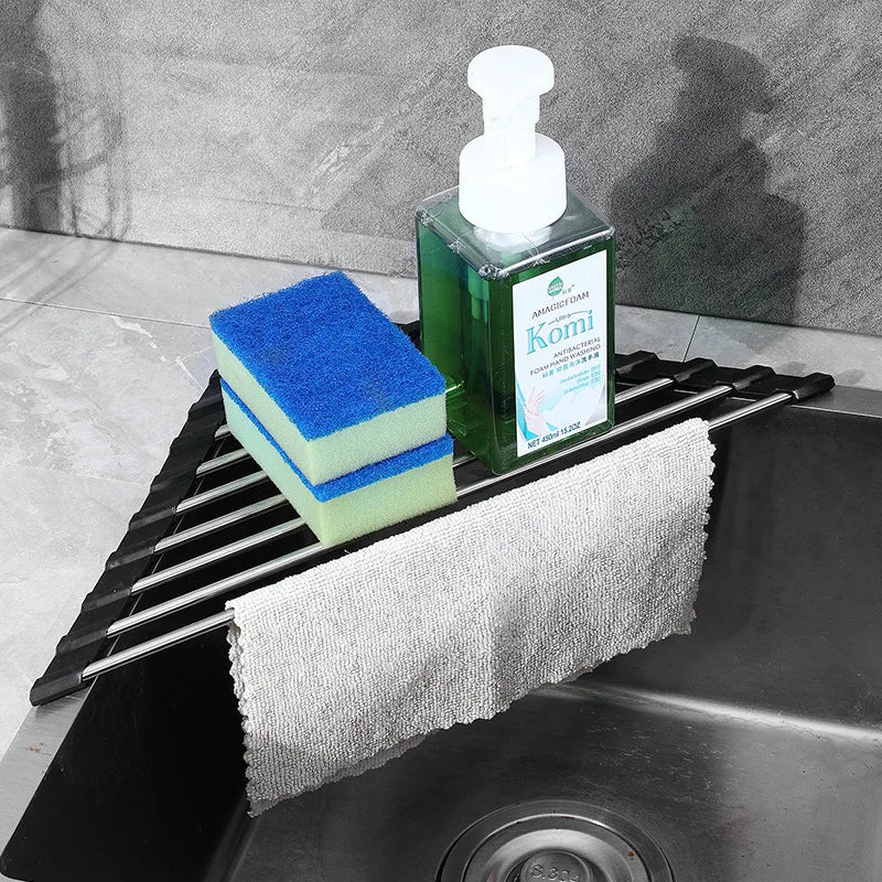 Foldable Triangle Dish Drying Rack | Corner Sink Organizer | Stainless Steel Roll-Up Drainer