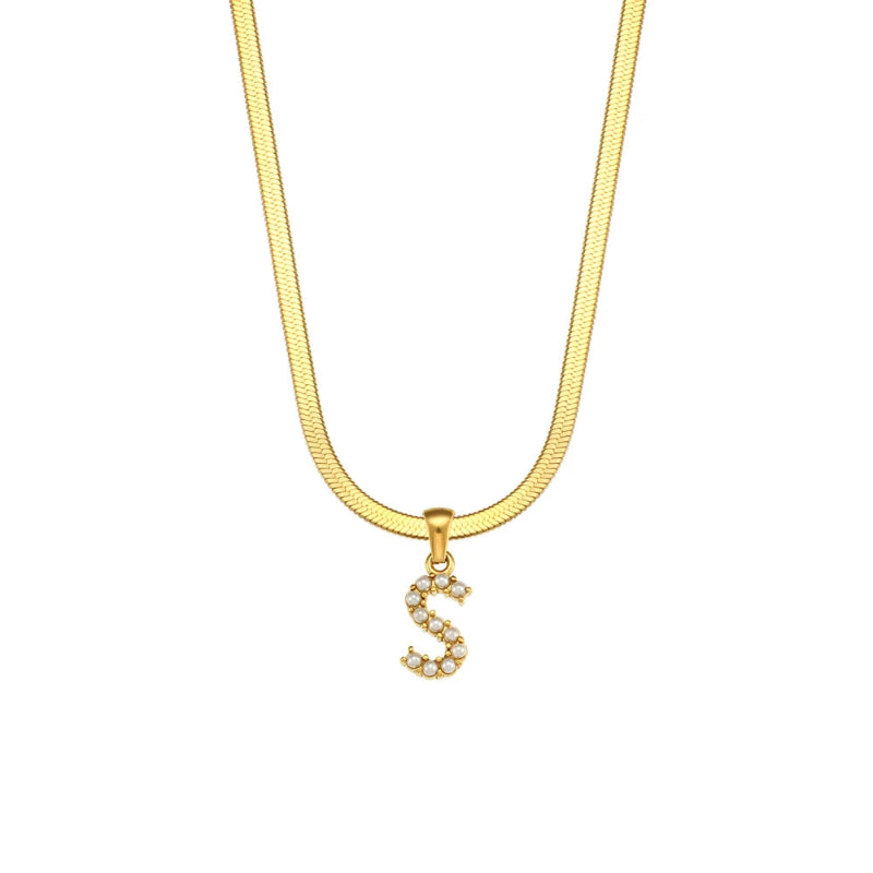 Pearl Herringbone Initial Necklace