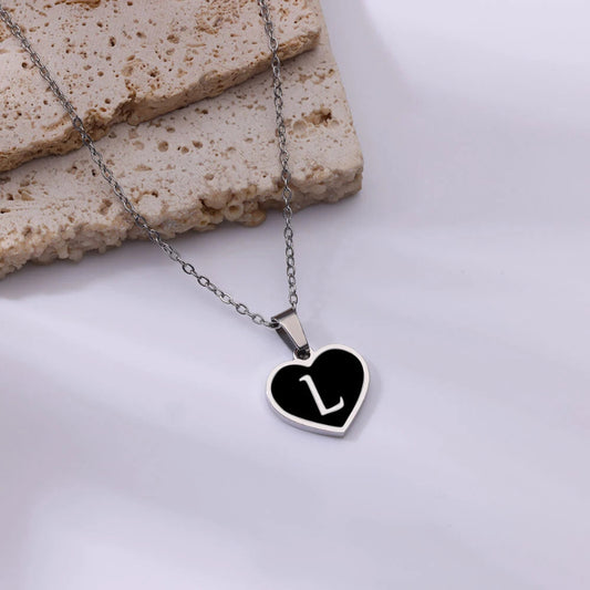 Black Enamel Heartbeat Initial Necklace