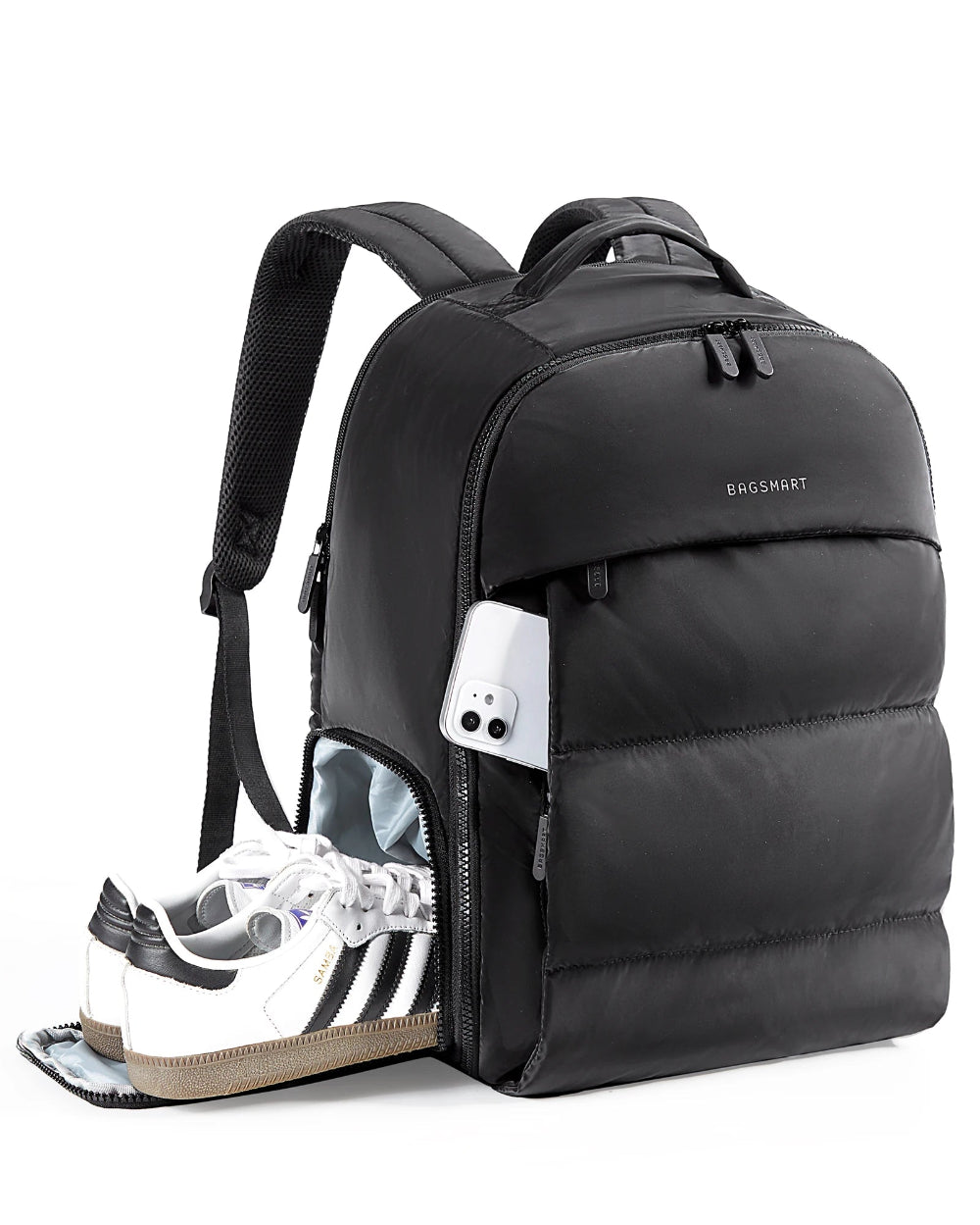 Black backpack with a sneaker inside on a white background