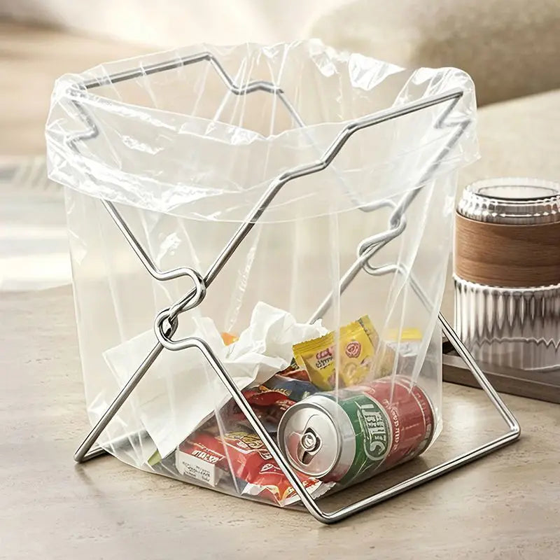 Collapsible Stainless Steel Trash Bag Holder — Foldable Kitchen Countertop Waste Bag Stand