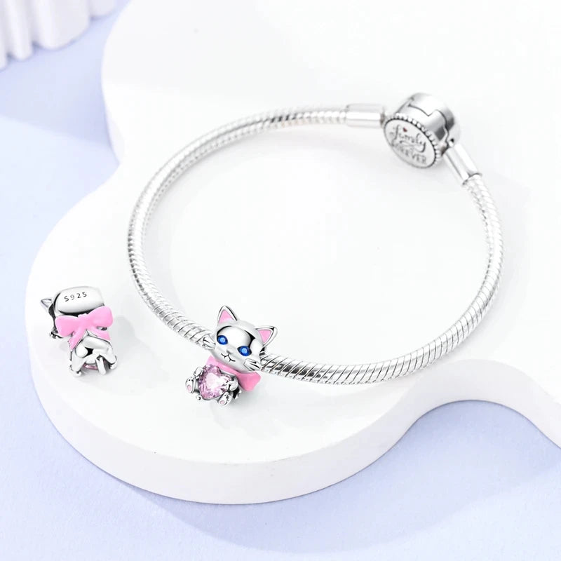 Cat Pink Crystal Heart Charm