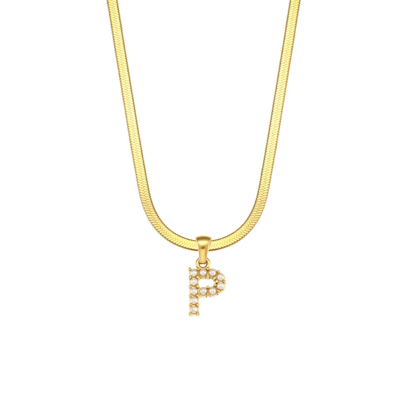 Pearl Herringbone Initial Necklace