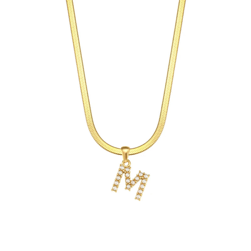Pearl Herringbone Initial Necklace