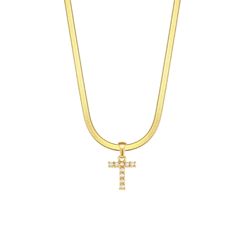 Pearl Herringbone Initial Necklace