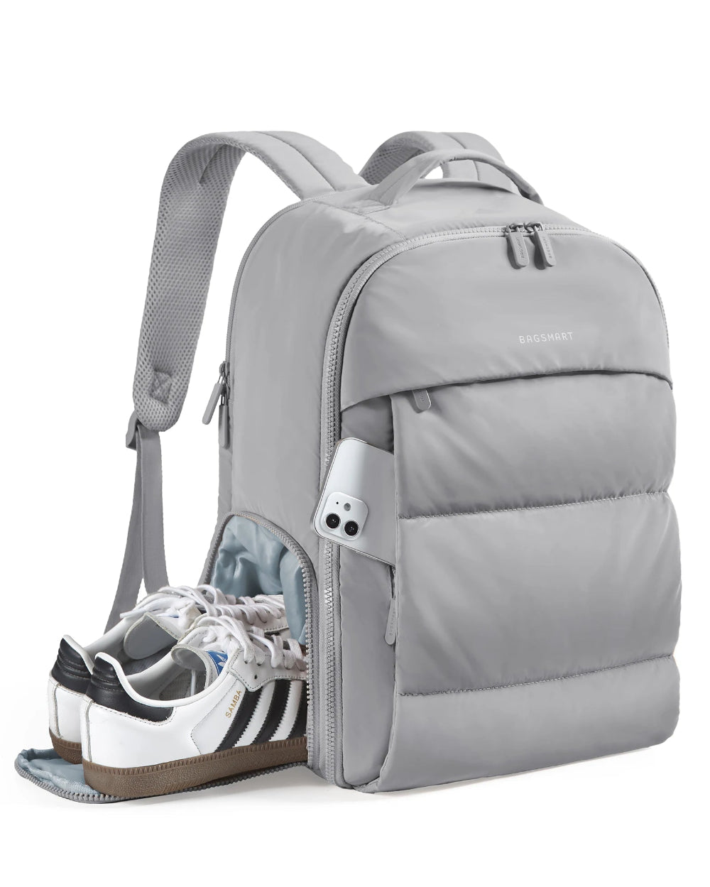 Grey backpack with a shoe compartment on a white background