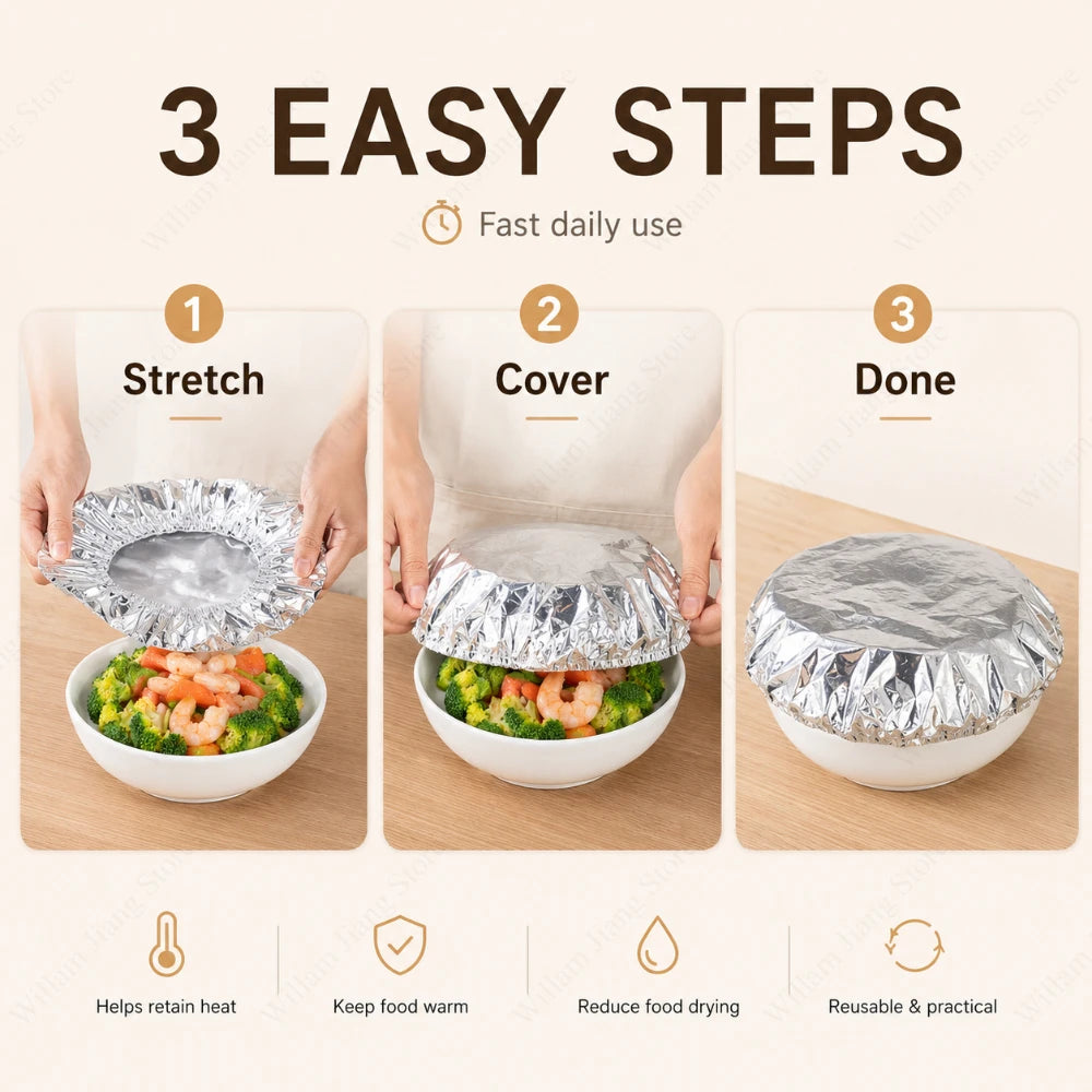 Reusable Aluminum Foil Bowl Covers – Elastic Food Dish Lids for Kitchen & Refrigerator Storage