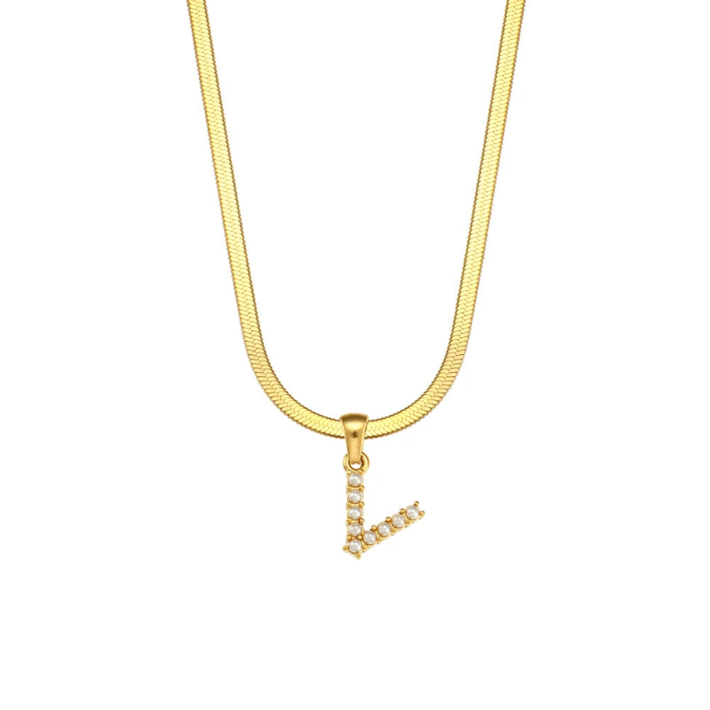 Pearl Herringbone Initial Necklace