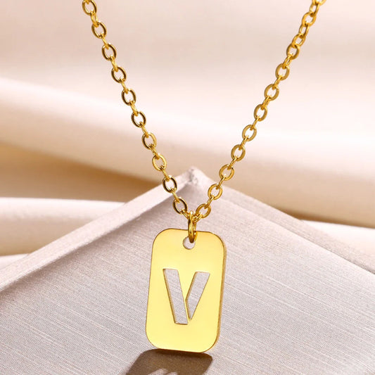 Hollow Rectangle Initial V Necklace