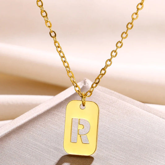 Hollow Rectangle Initial R Necklace