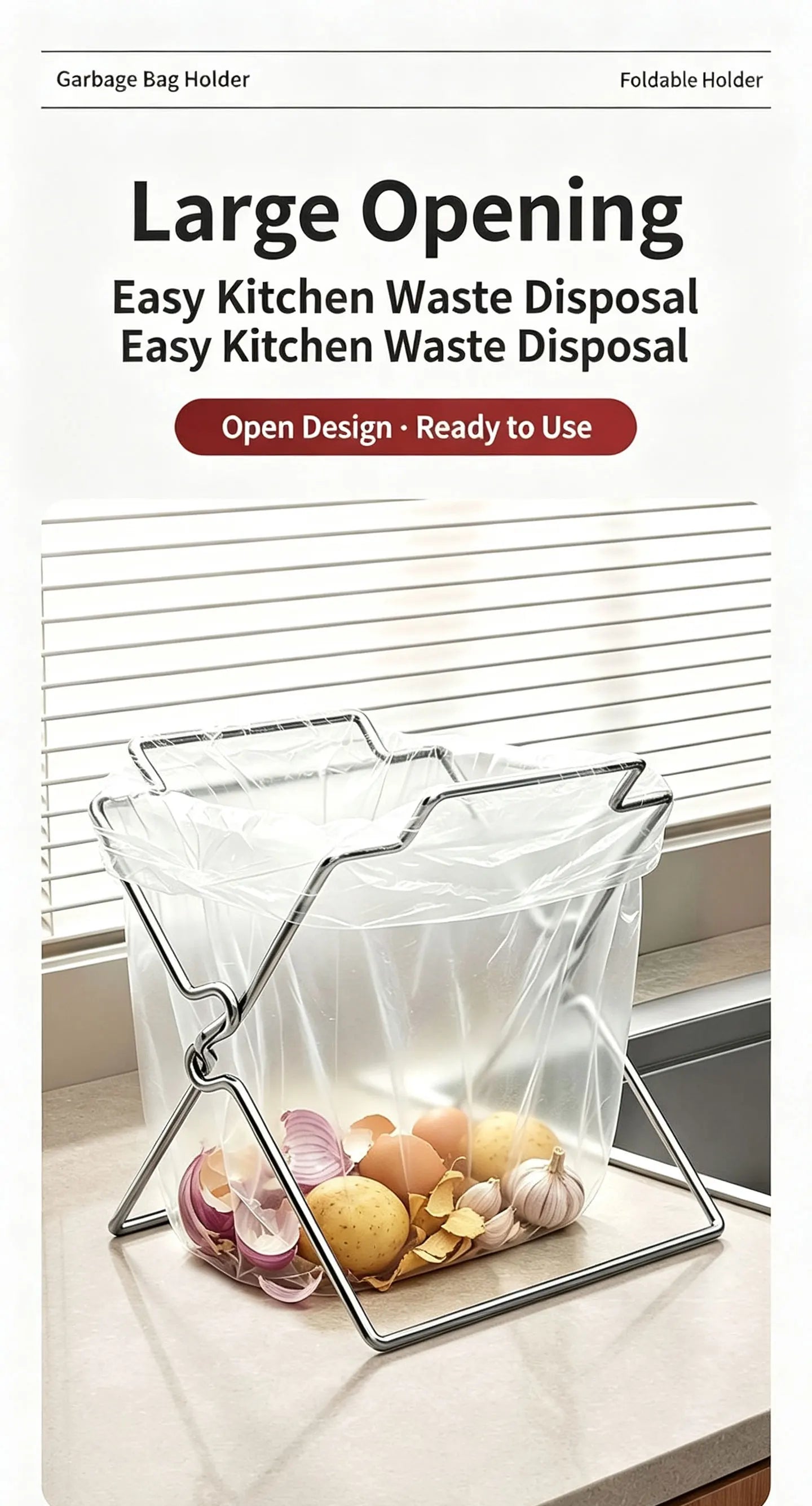 Collapsible Stainless Steel Trash Bag Holder — Foldable Kitchen Countertop Waste Bag Stand