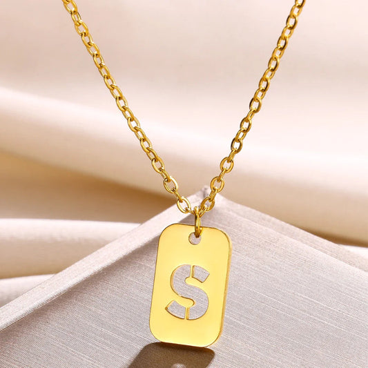 Hollow Rectangle Initial S Necklace