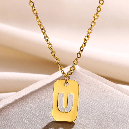Hollow Rectangle Initial U Necklace