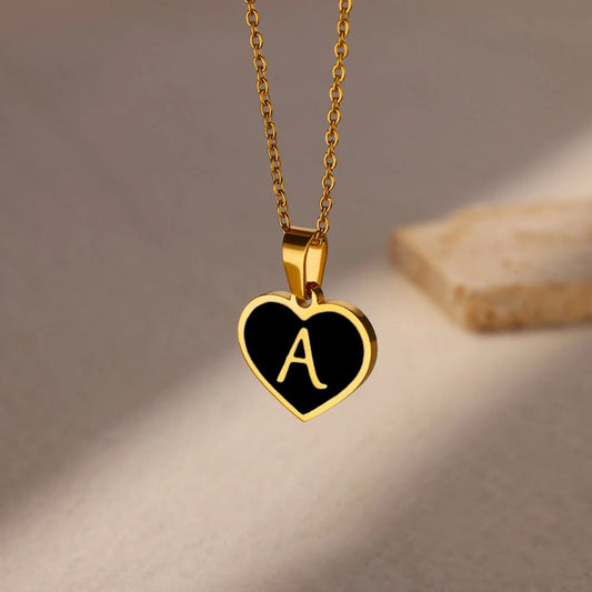 Black Enamel Heartbeat Initial Necklace