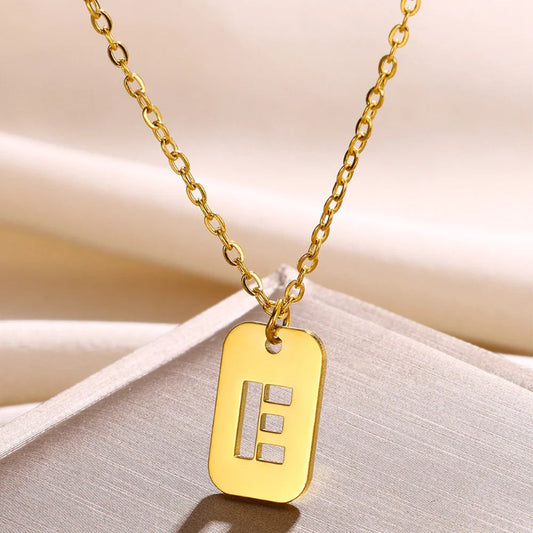 Hollow Rectangle Initial E Necklace